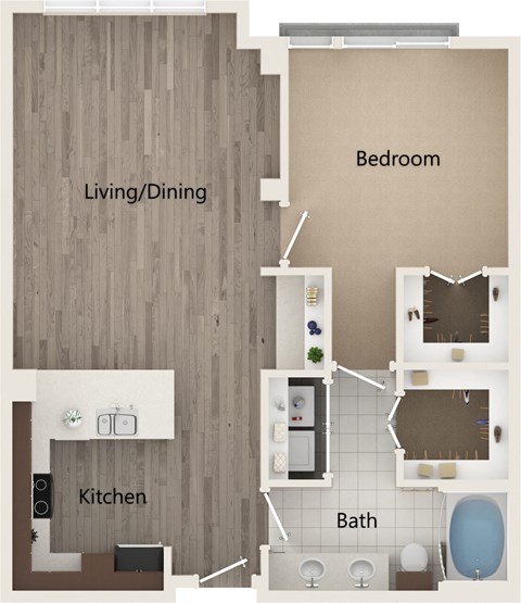 A floor plan of a small apartment with a living/dining area, kitchen, bathroom, and bedroom.